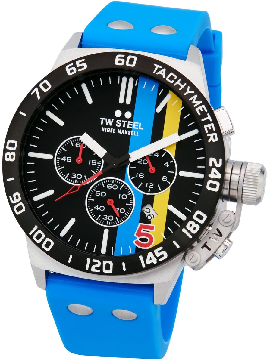 TW Steel TWCS123 Canteen - Nigel Mansell Heren Horloge - Chronograaf - Mineraalglas - Staal-Silicone - Blauw-Zilverkleurig - 45 mm breed - Quartz - Gesp