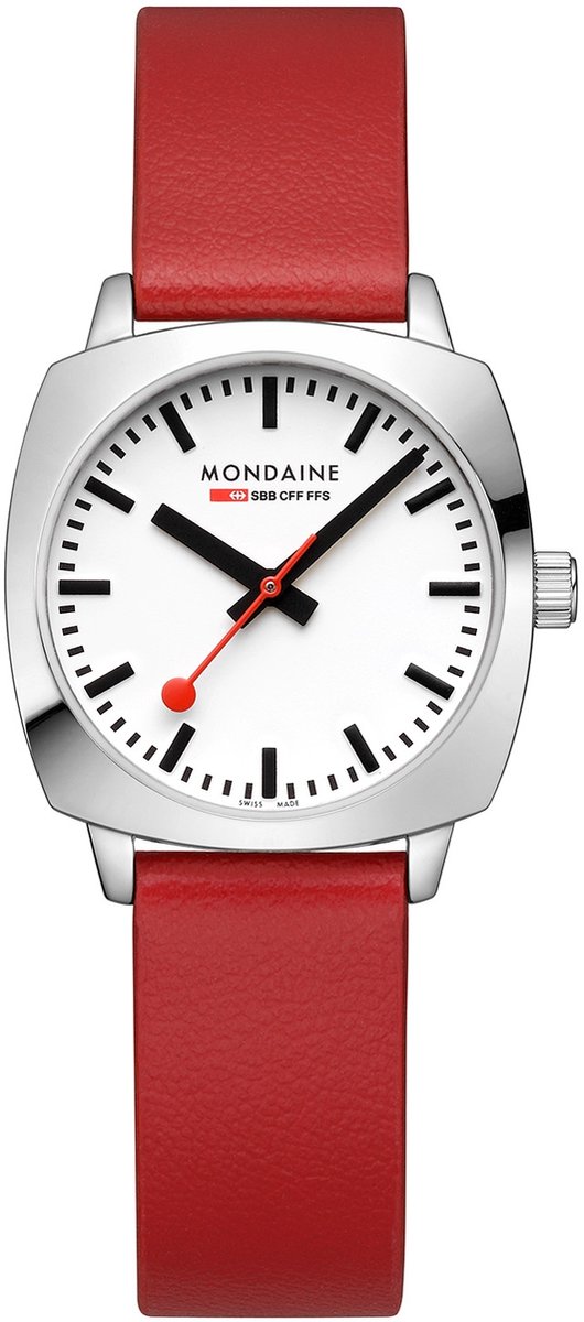 Mondaine MSL.31110.LCV Petite Cushion Unisex Horloge - Stationsklok - Mineraalglas - Staal-Leer - Rood-Zilver - 36 mm breed - Quartz - Gesp