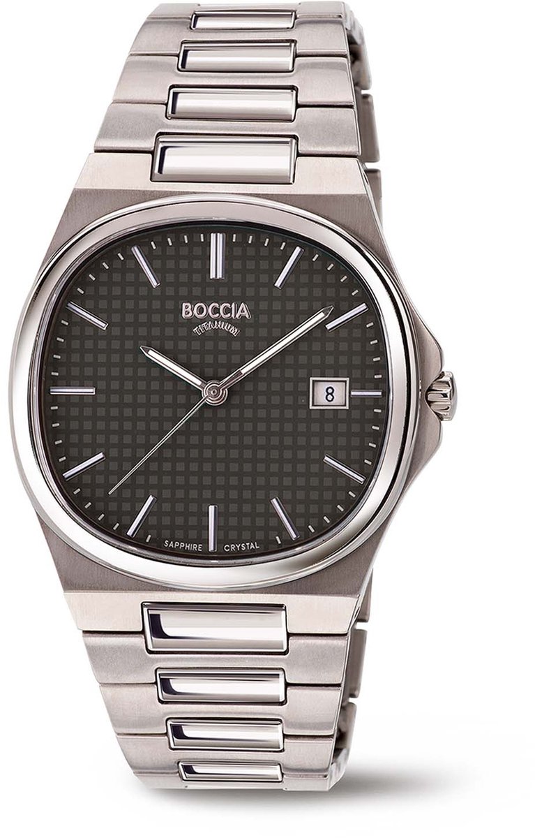 Boccia Titanium 3657-04 Heren Horloge - Saffierglas - Zilverkleurig - 37 mm breed - Quartz - Vouw-Vlindersluiting - 5 ATM (douchen)