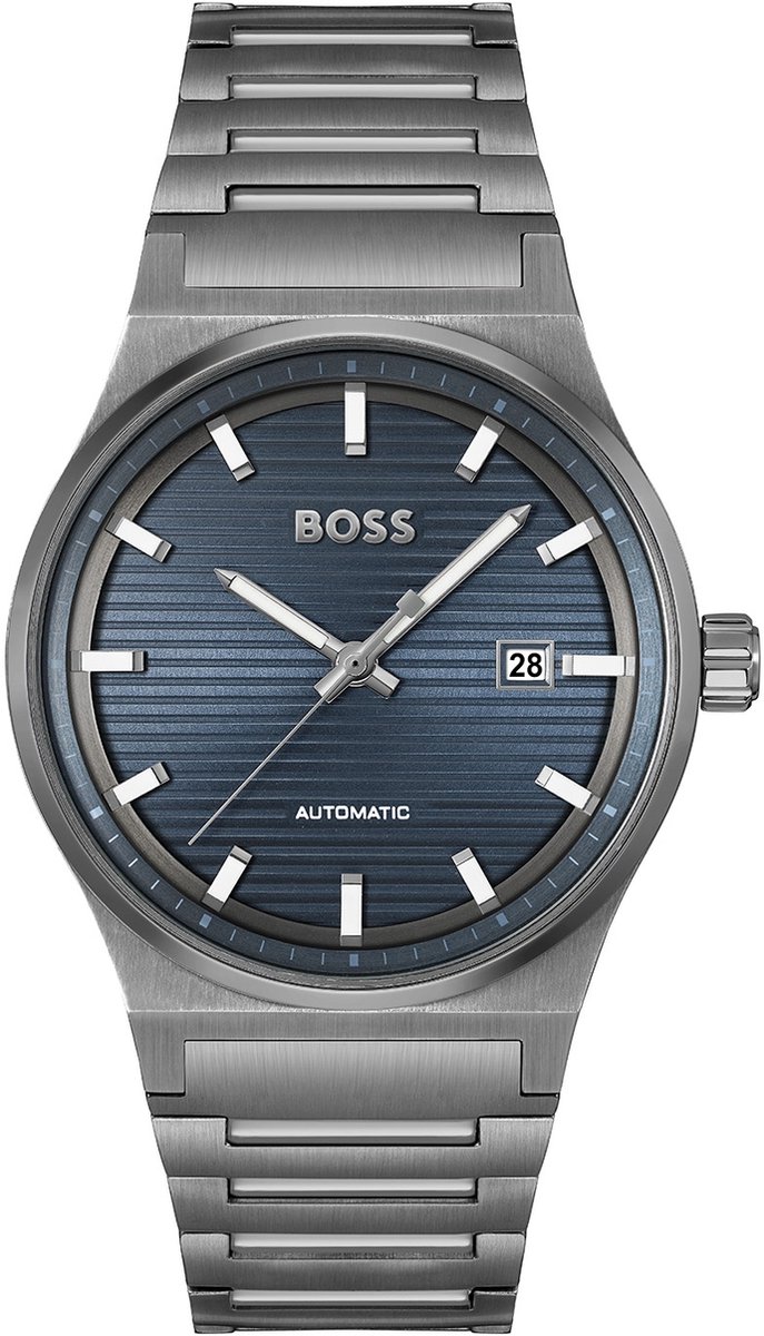 BOSS HB1514119 CANDOR AUTO Heren Horloge - Mineraalglas - Staal - Grijs - 41 mm breed - Automatisch - Vouw-Vlindersluiting - 5 ATM (douchen)