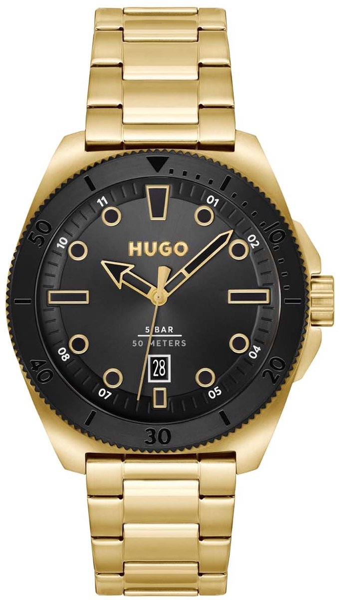 HUGO HU1530304 #VISIT Heren Horloge - Mineraalglas - Staal - Goudkleurig - 44 mm breed - Quartz - Vouw-Vlindersluiting - 5 ATM (douchen)