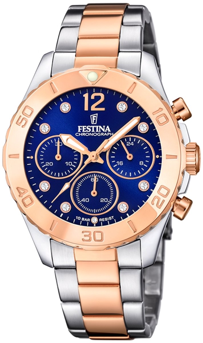 Festina F20605-3 Dames Horloge - Chronograaf - Mineraalglas - Roestvrijstaal-Staal - Goudkleurig-Zilverkleurig - Ø 39 mm - Quartz - Vouw-Vlindersluiting