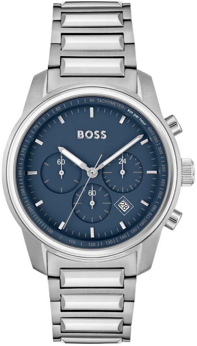 BOSS HB1514007 TRACE Heren Horloge - Chronograaf - Mineraalglas - Staal - Zilverkleurig - 44 mm breed - Quartz - Vouw-Vlindersluiting - 5 ATM (douchen)