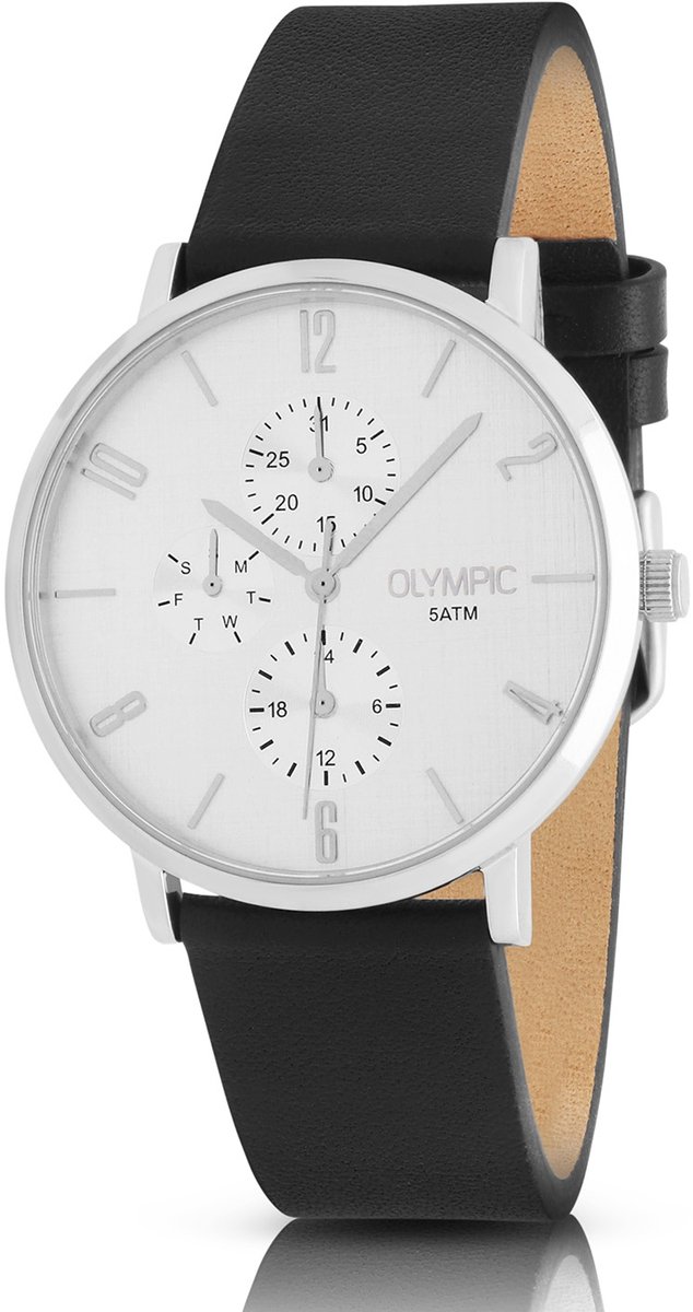 Olympic OL89HSL057 Tobias Heren Horloge - Mineraalglas - Staal-Leer - Zilverkleurig-Zwart - 40 mm breed - Quartz - Gesp - 5 ATM (douchen)