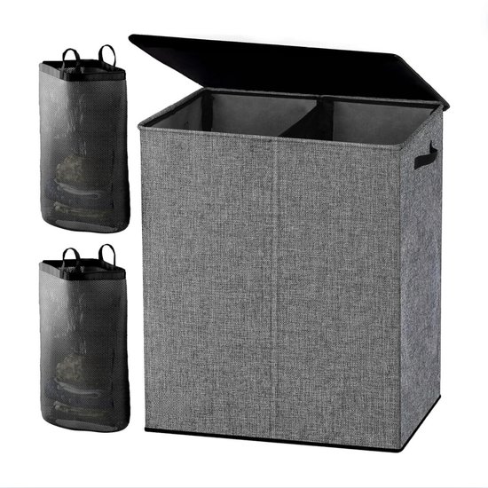 Simple Houseware Dubbele wasmand met deksel en afneembare waszakken, beige