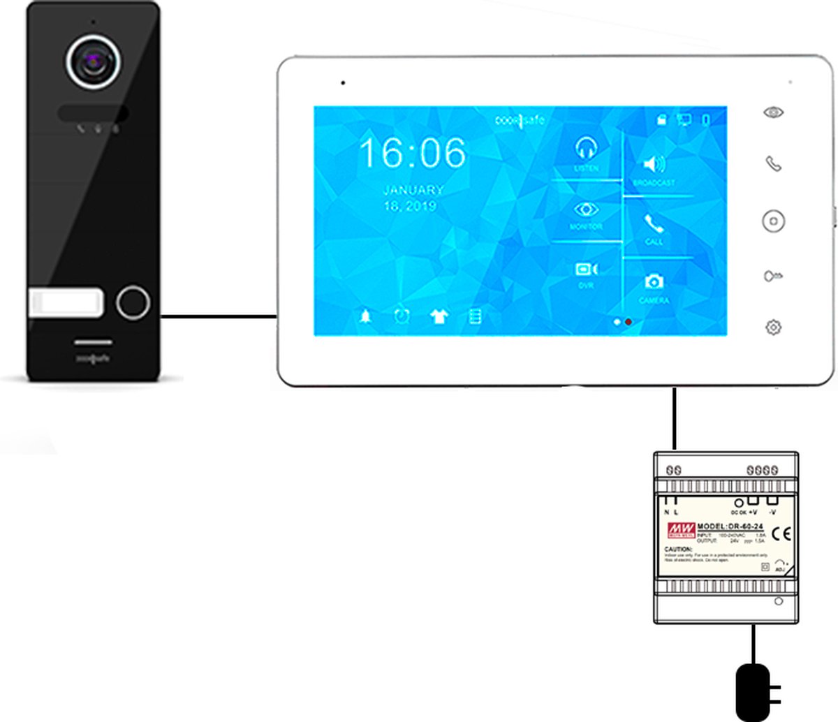 Doorsafe 7710 PRO | HD internet deurbel met camera | Zwart | 7″ touch scherm | BUS | 2-draads van deurbel naar scherm | scherm verbinden met internet via 2,4 Ghz WiFi | 32Gb & NAS - Doorsafe - €359,00