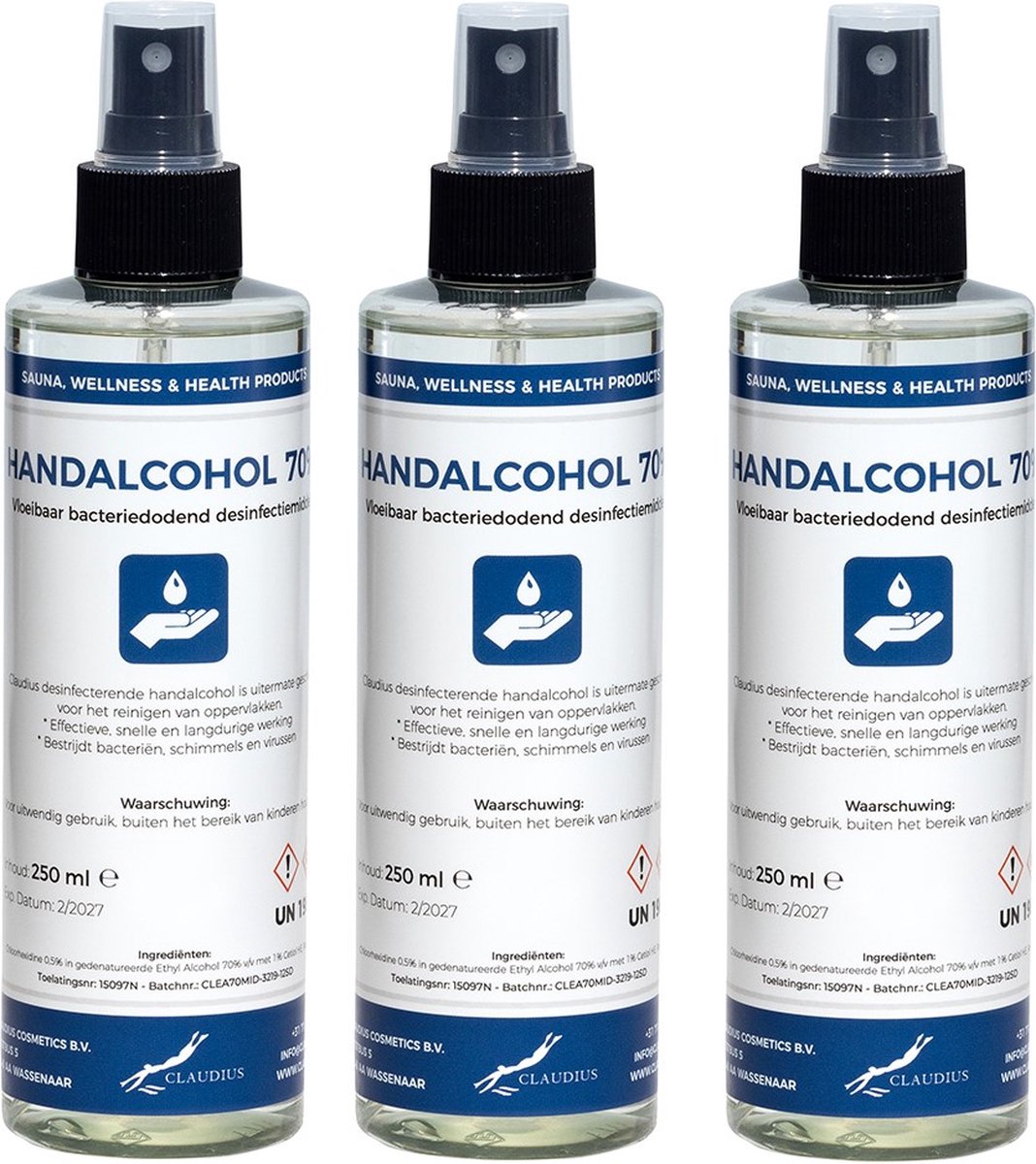 Goedkoopste Handalcohol spray 70 - 250 ml met luxe zwarte verstuiver dop - set van 3 stuks
