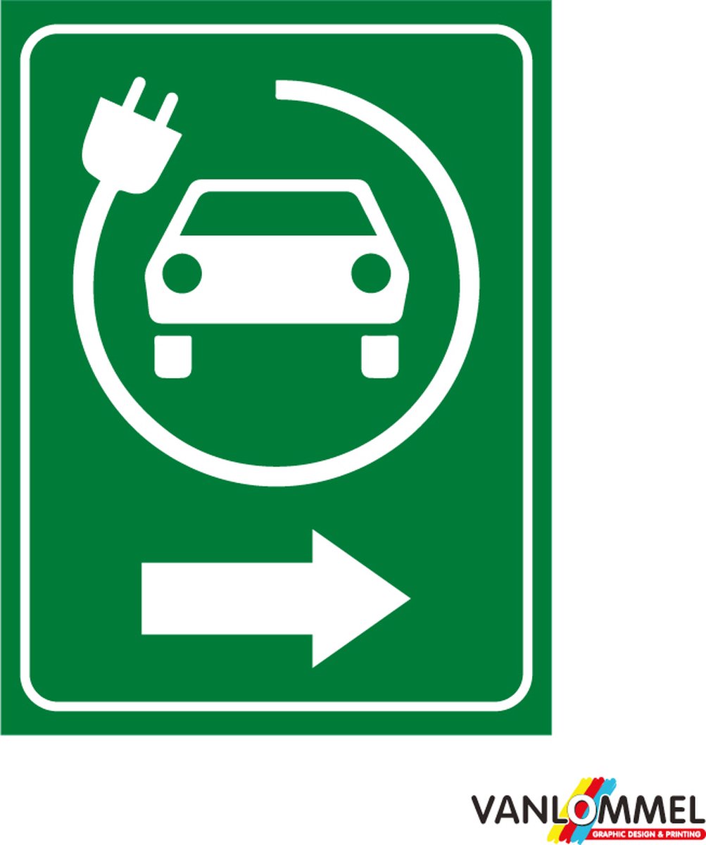 Pictogram bordje met oplaadpunt elektrische wagens pijl naar rechts 27x36cm | Bordje 2mm | Parkeren | Laadpaal | Laadpunt | Oplaadstation | Laad station | Laden | Auto opladen | Eco | Voorbehouden | Parkeersignalisatie