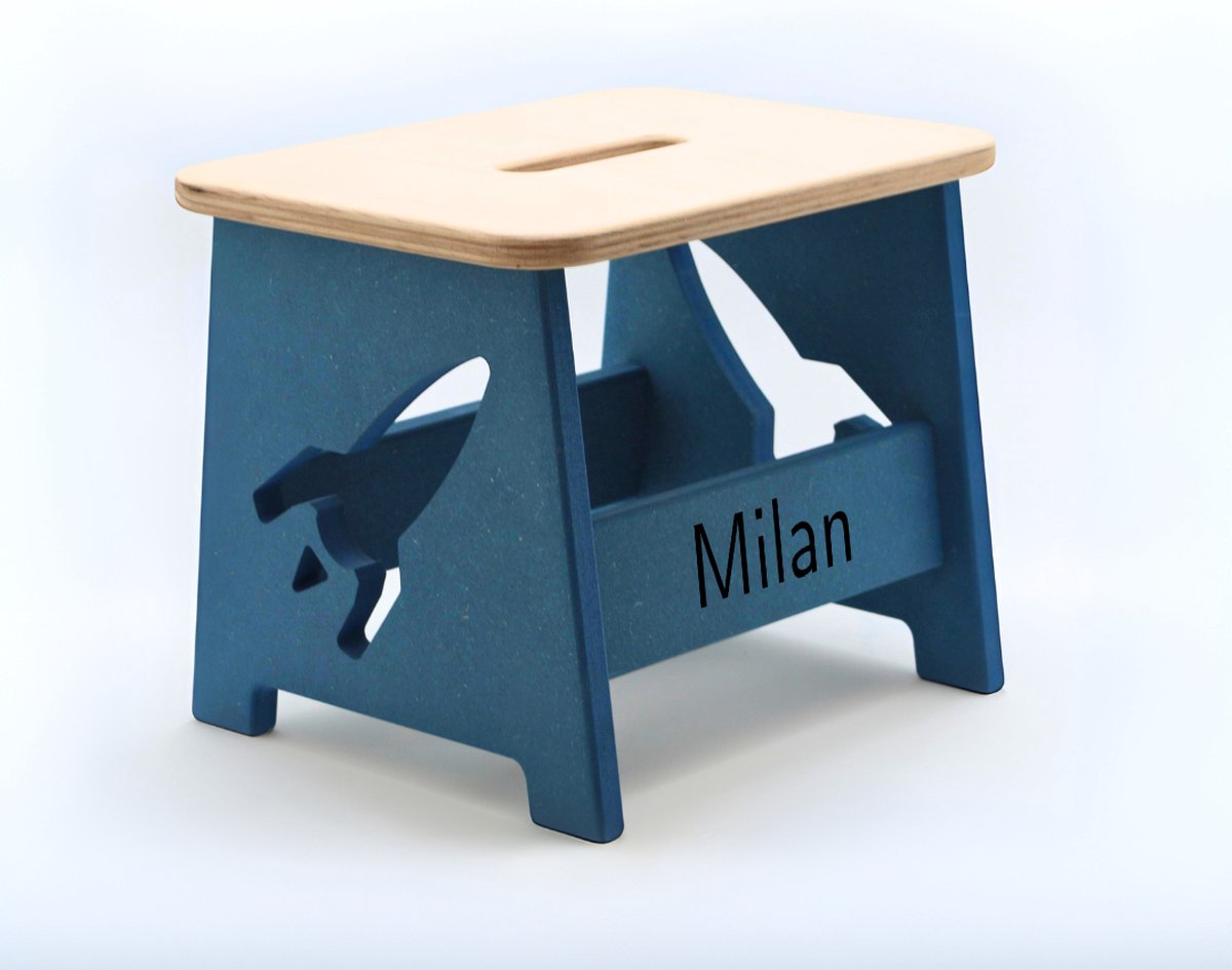Houten kruk voor kinderen met eigen naam - Kinderkruk - Opstapje - Blauw - Raket - Gepersonaliseerd cadeau