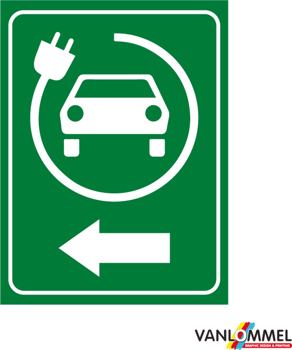 Pictogram bordje met oplaadpunt elektrische wagens pijl naar links 27x36cm | Bordje 2mm | Parkeren | Laadpaal | Laadpunt | Oplaadstation | Laad station | Laden | Auto opladen | Eco | Voorbehouden | Parkeersignalisatie