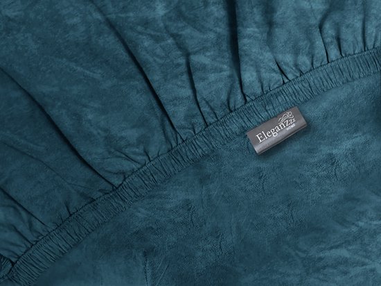 Donkerblauw hoeslaken met elastiek en Eleganzzz Home label.