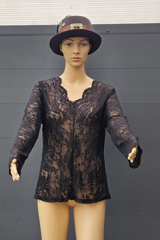 ROSVAJFY Doorzichtig bovenstuk met kant, lange mouwen met mesh-kant, top met lange mouwen, mesh-bovendeel, bloemenborduurwerk, licht en ademend, mesh bovendeel dames, festival, lange mouwen, wit, XL