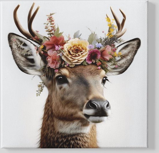 Tableau sur toile carré - Animaux - Cerf avec fleurs - 60x60x2 cm