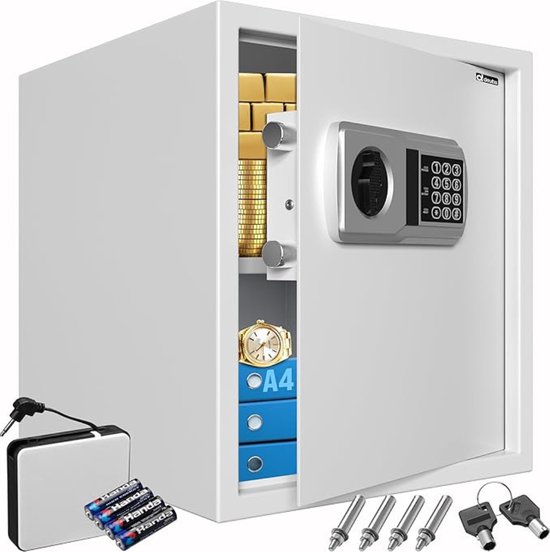 Witte kluis open met goudstaven, een horloge, mappen en accessoires zoals sleutels en batterijen.