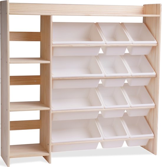 Foto: Massief houten opslagcombinatie w115 x d30 x h115 cm 12 witte opslagbakken boekenkast voor kinderen speelgoedrek speelgoedkast speelgoedbox opbergkast kinderkast opbergmeubel kinderboekenrek montessori boekenplank ongecoat
