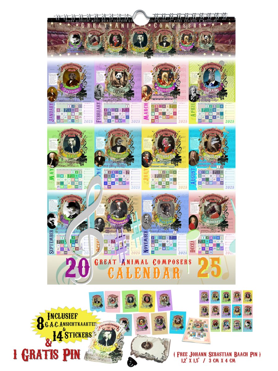 Klassieke Muziek Dieren Kalender 2025 - Maandkalender - incl. 8 Ansichtkaarten 14 Stickers en 1 Pin - Great Animal Composers - A4