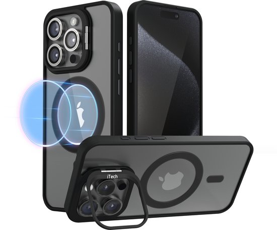 Coque noire pour iPhone 14 Pro, présentée avec des vues 3D de la coque et de la caméra avec le texte "iTech".