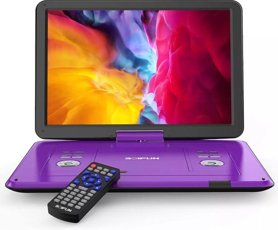 BOIFUN 17,5'' draagbare dvd-speler met 15,6'' groot HD-draaischerm, 6 uur oplaadbare batterij, ondersteuning voor USB/SD-kaart/Sync TV en meerdere schijfformaten dvd-speler, luidspreker met hoog volume, paars