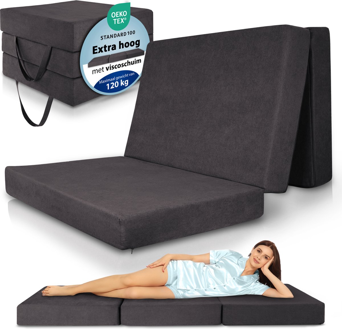 Beautissu VS95 – Premium Opvouwbaar Matras XXL 120x200cm – Extra Dik 14cm Traagschuim Vouwmatras H3 – Wasbar – Eenvoudig Transport – Antraciet