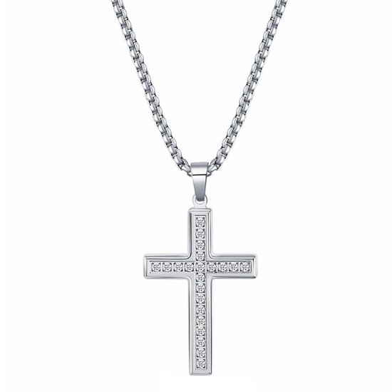 Fako Bijoux® - Ketting Met Kruisje Kristal - Diamond Cross - Kruis Zirkonia - 26x41mm - 60cm - 2mm - Stainless Steel - RVS - Staal - Zilverkleurig
