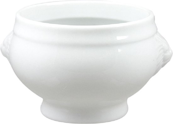 Bol à soupe blanc avec têtes de lion sur les côtés et un pied surélevé.