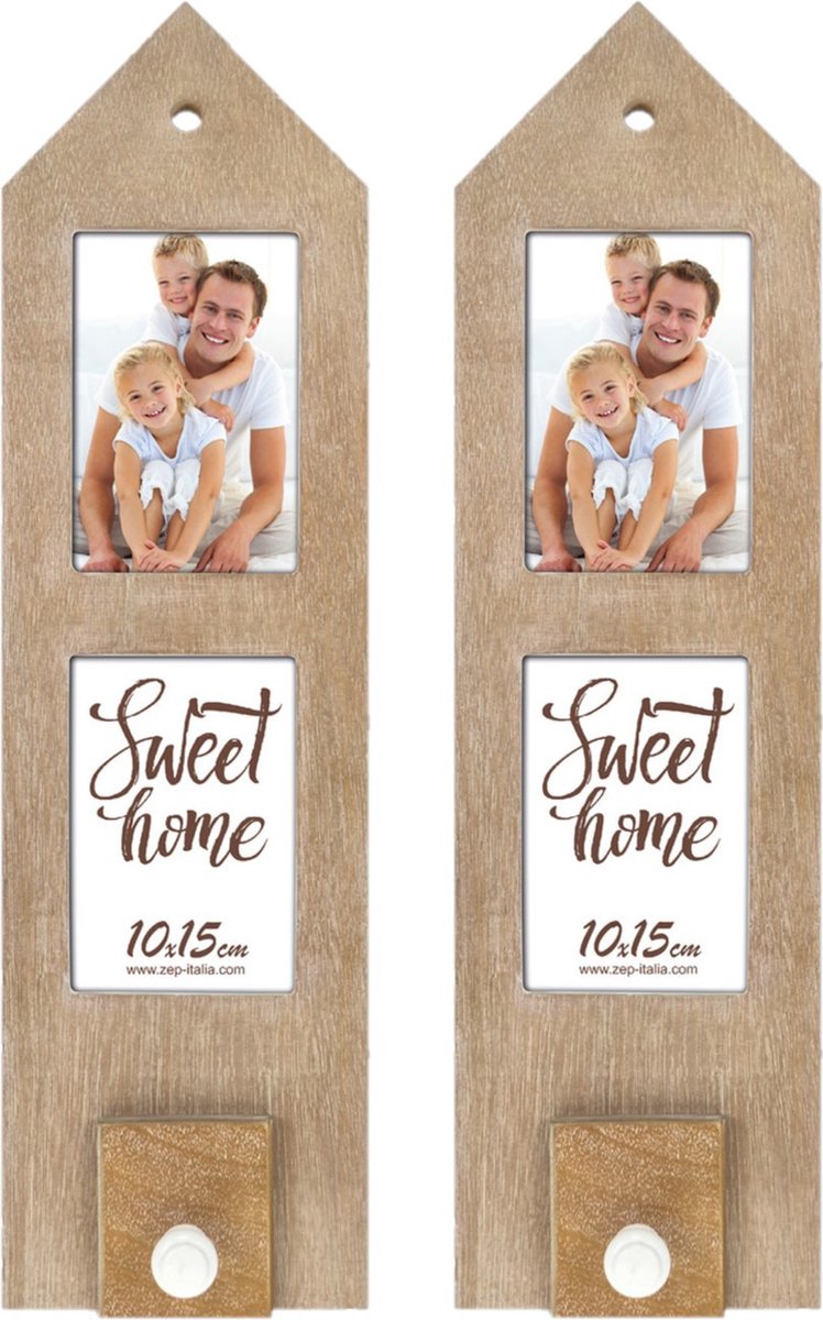 Zep 2x stuks houten fotolijstje met haakje 54 x 15 cm geschikt voor een foto van 10 x 15 cm Bruin