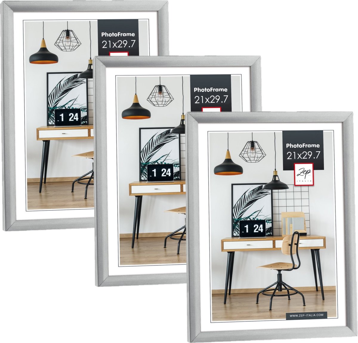 Zep Fotolijst - 3x stuks - zilver - kunststof - voor foto van 21 x 29 cm - staand / hangend