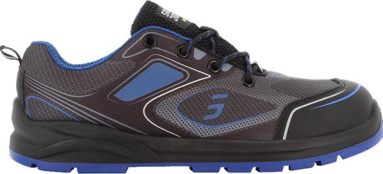 Chaussure de travail bleue et noire avec mesh, rayures décoratives bleues et blanches.