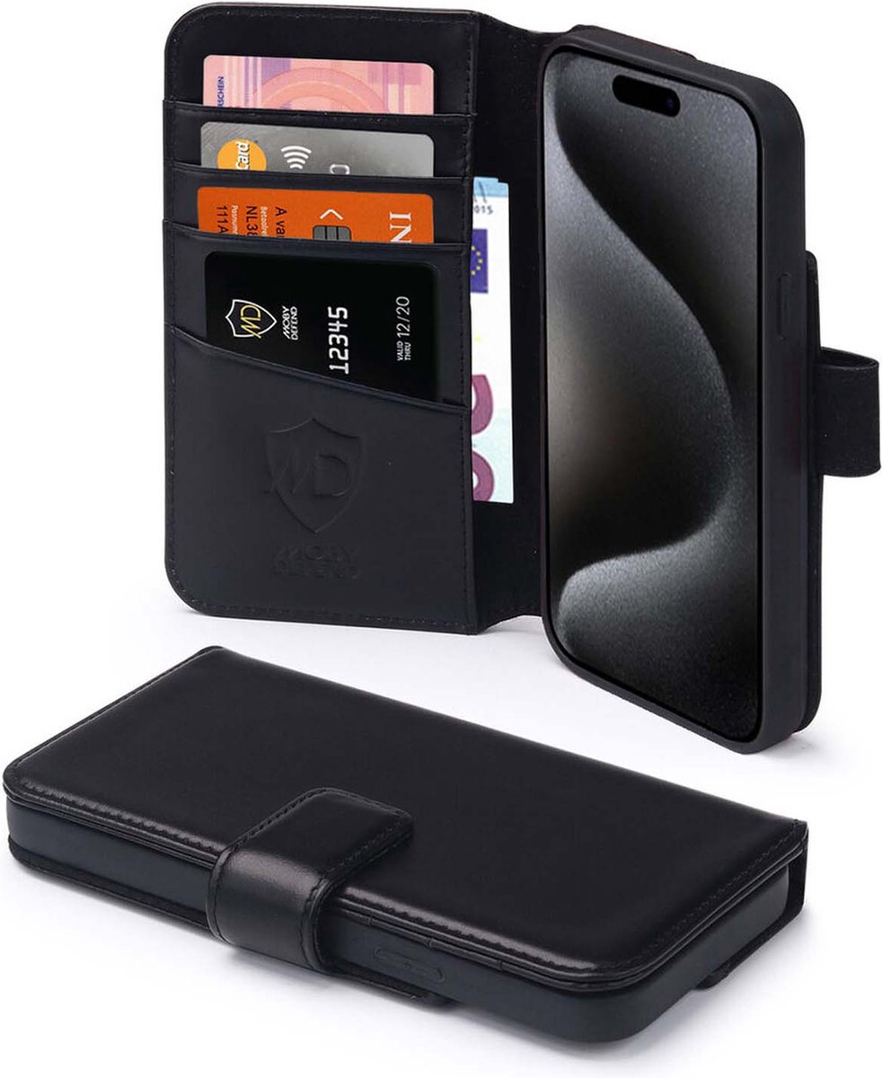 MobyDefend Hoesje - Geschikt voor iPhone 15 Pro - Luxe Leren Wallet Bookcase - Zwart