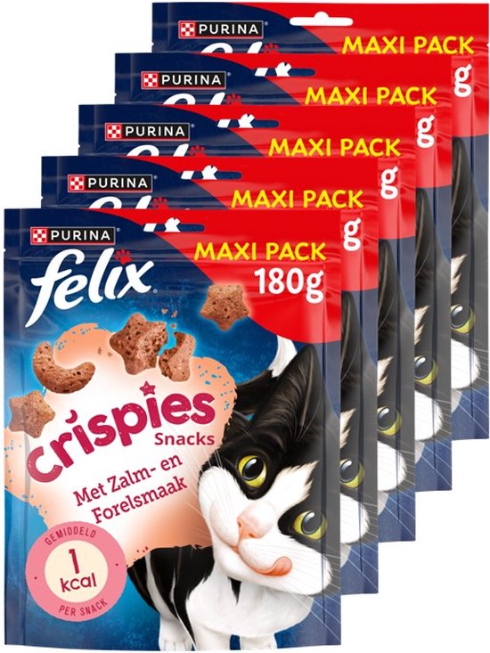 Meerdere verpakkingen van Felix Crispies Maxi Pack 180g kattensnack met zalm- en forelsmaak, met een zwart-witte kat.