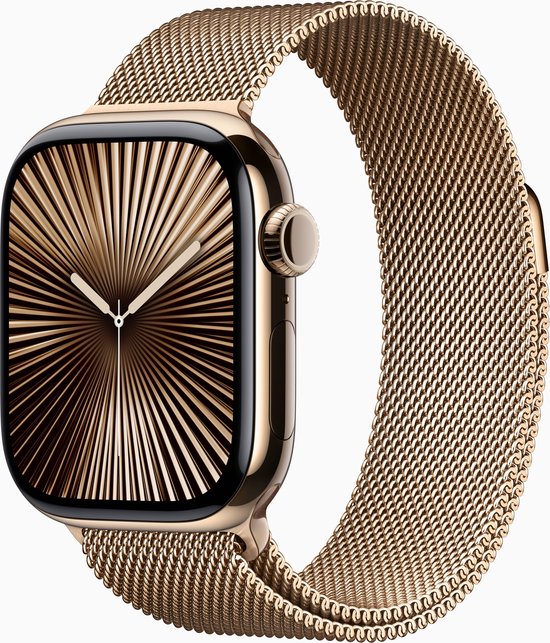 Apple Watch Series 10 - Wifi + 4G - 46mm - Gouden Titanium Case met Gouden Milanese band - M/L