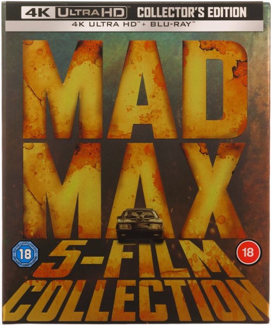 Mad Max 5-film collectie in 4K Ultra HD Collector's Edition. De box toont de Mad Max titel en een zwarte auto.