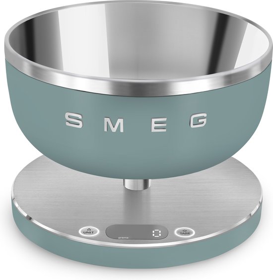 Smeg, KSF01PBWW, digitale en analoge keukenweegschaal, afneembare kom van roestvrij staal, 1,8 l, vier meeteenheden g/ml en lb.oz/fl.oz, met tarra-functie, maximale capaciteit 5 kg, crème