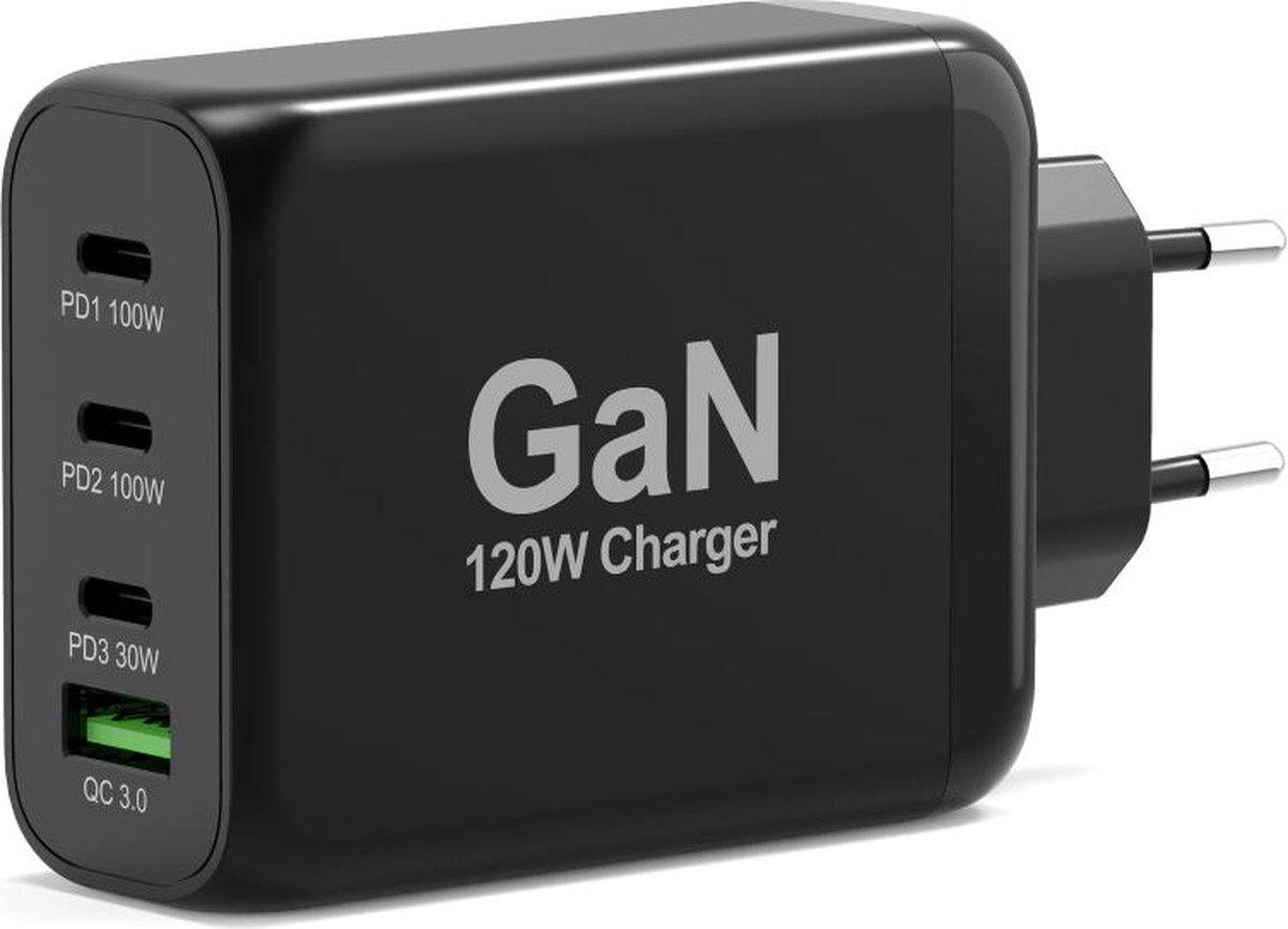Port Connect GaN Oplader Smartphone/Telefoon/Tablet - USB-C en USB-A - Efficiënter, Kleiner, Lichter - 120W - Zwart