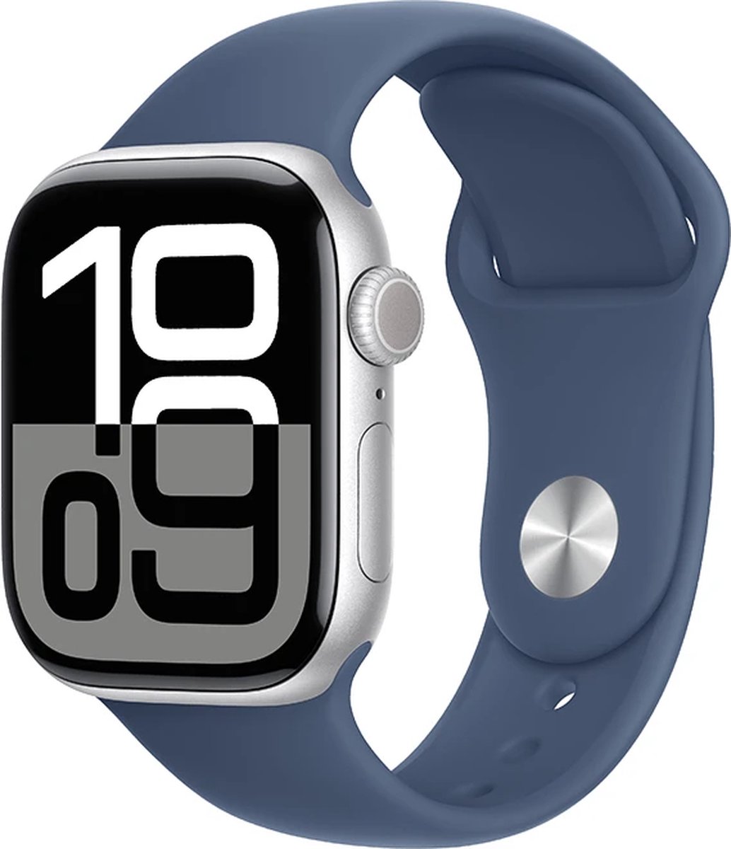 Afbeelding 2 van Apple Watch Series 10 - Wifi - 46mm - Zilveren Aluminium Case met Denim Sportbandje - M/L