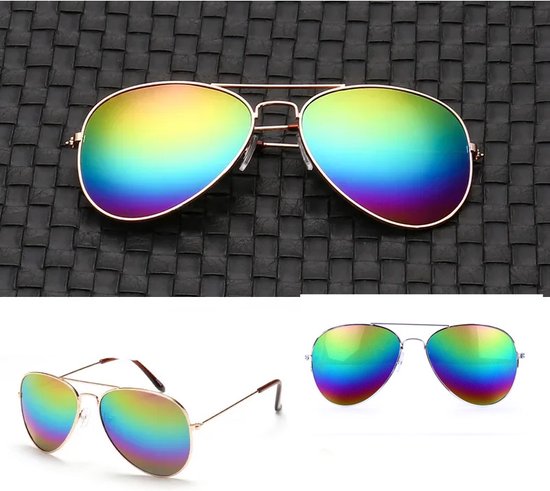 CHPN - Pilotenbril - Festivalbril - Hippe spiegelglazen - Regenboog glazen - Carnaval - Thema feest - Festival - Gekke bril - Zilverkleurig montuur