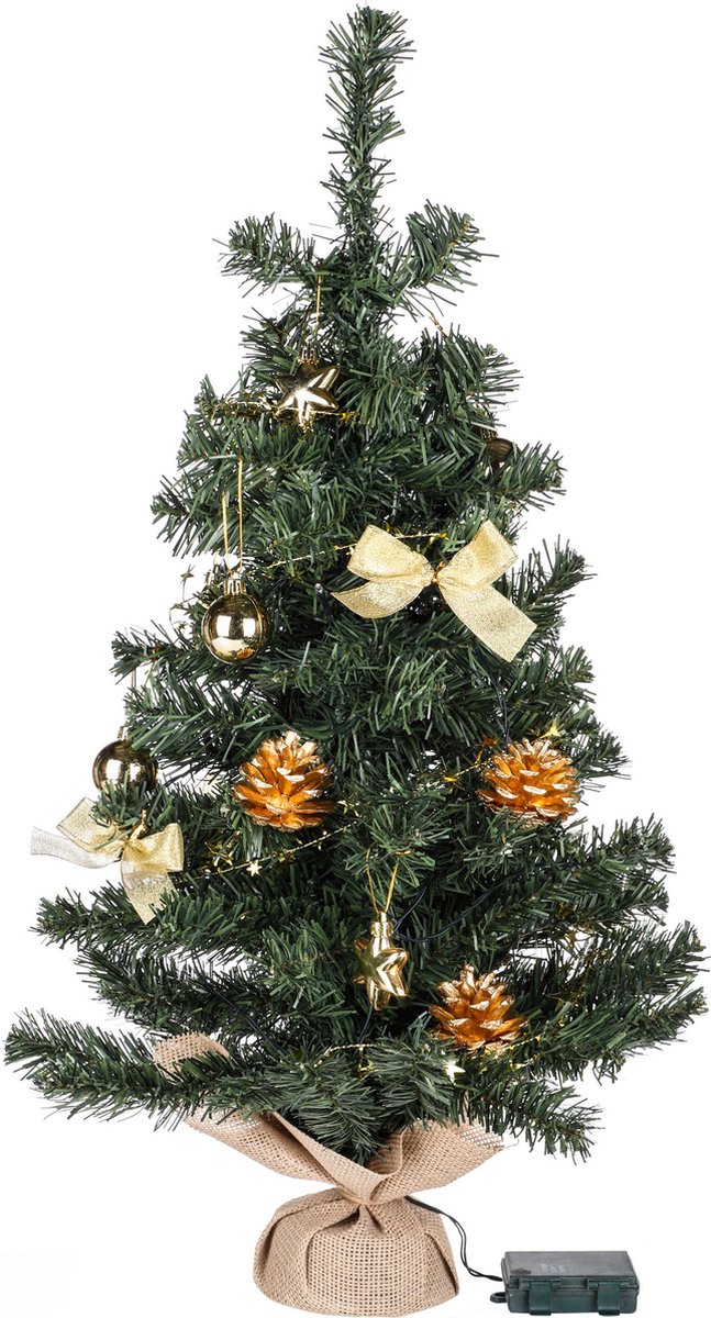 HI Kunstboom/kunst kerstboom - 75 cm - met kerstversiering en kerstverlichting - goud