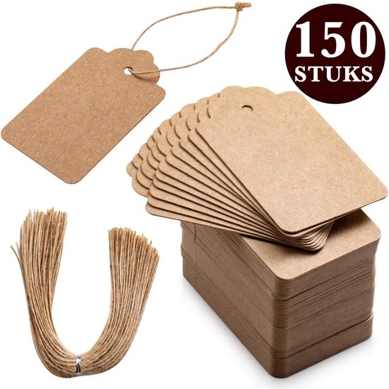 150x Stuks Kraft Karton Labels met 20m Jute Touw - Hart Kartonnen Cadeaulabels met Gaatje en Koord - Bruine Etiketten - Kraftpapier Naamkaartjes - Blanco Prijskaartjes\Prijslabels met Koortje - 7x4cm