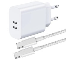 USB C naar USB C Adapter - USB Adapter 2 Poorten - USB C Lader + 3 Meter Kabel - Geschikt voor iPhone 15, iPhone 16 Series en Samsung Devices - GaN Snellader - 45W USB C Stekkerblok - Nylon Gevlochten Oplaadkabel - Wit