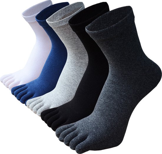 Vijf paar teensokken in wit, blauw, grijs, zwart en donkergrijs.