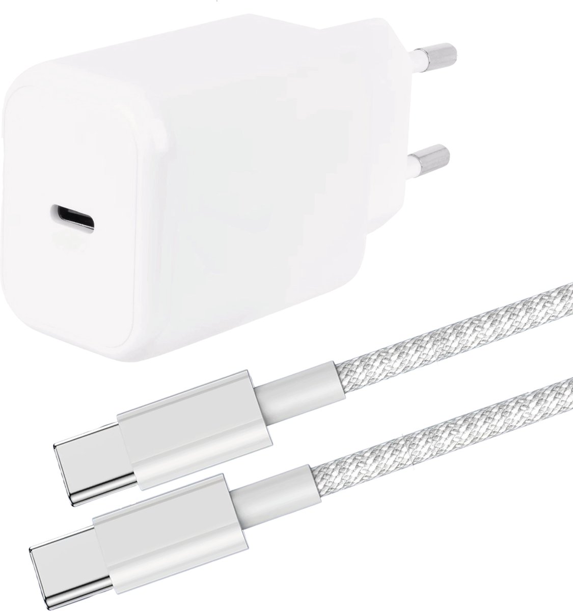 30W USB Adapter + 3 Meter Kabel - Geschikt voor Oplaadkabel iPhone 15, iPhone 16 Series en Samsung Devices - Stekkerblok met USB C Kabel - Snellader - Nylon Gevlochten - Wit