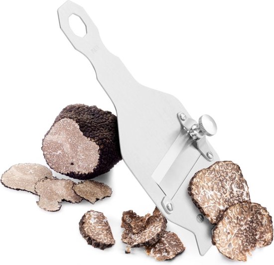 Roestvrijstalen truffelschaaf met verstelbaar mes, naast truffels en plakjes truffel.