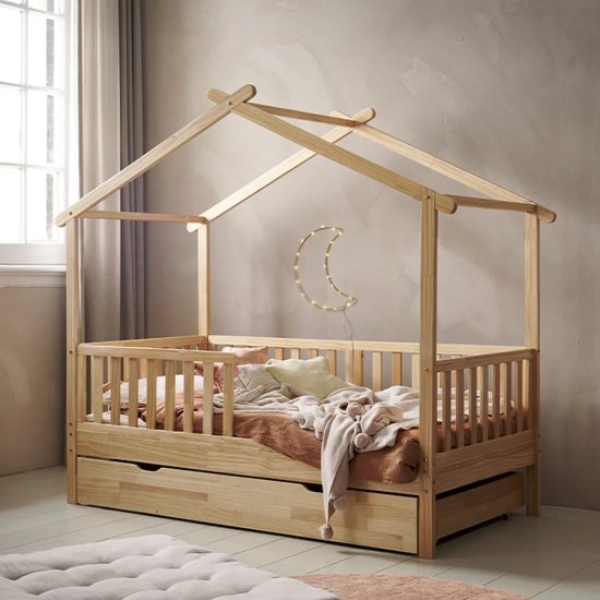 Foto: Bedhuisje 80 x 160 cm warm naturel montessori peuterbed voor uren speelplezier huisbed van stevig duurzaam grenenhout maison collectie