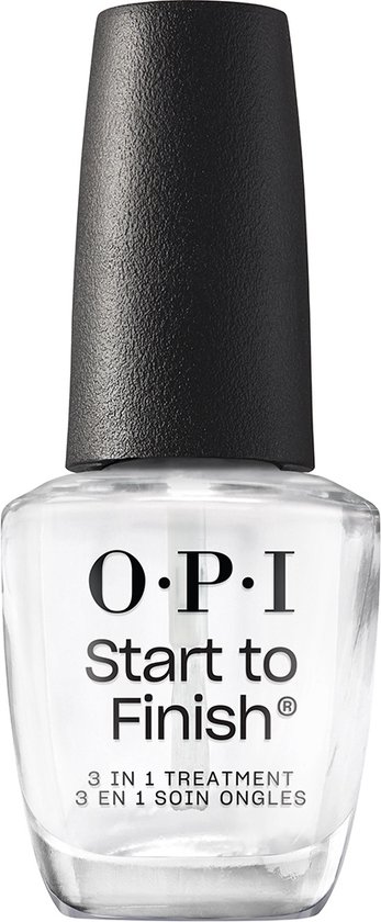 Een flesje O.P.I. Start to Finish 3-in-1 nagelbehandeling, helder met zwarte dop, op een witte achtergrond.
