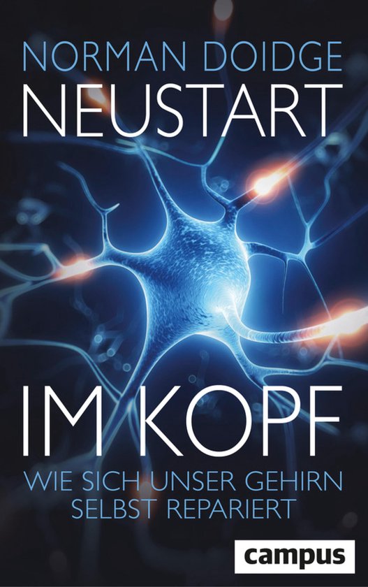 Boek "Neustart im Kopf" met afbeelding van een blauwe neuron met oplichtende verbindingen.