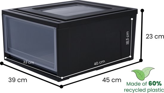 Zwarte opbergdoos met transparante lade en afmetingen vermeld: 45 x 39 x 23 cm.