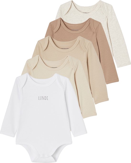 Set van 4 lange mouwen rompertjes in wit, beige, lichtbruin en crème, elk met een dag van de week opdruk.