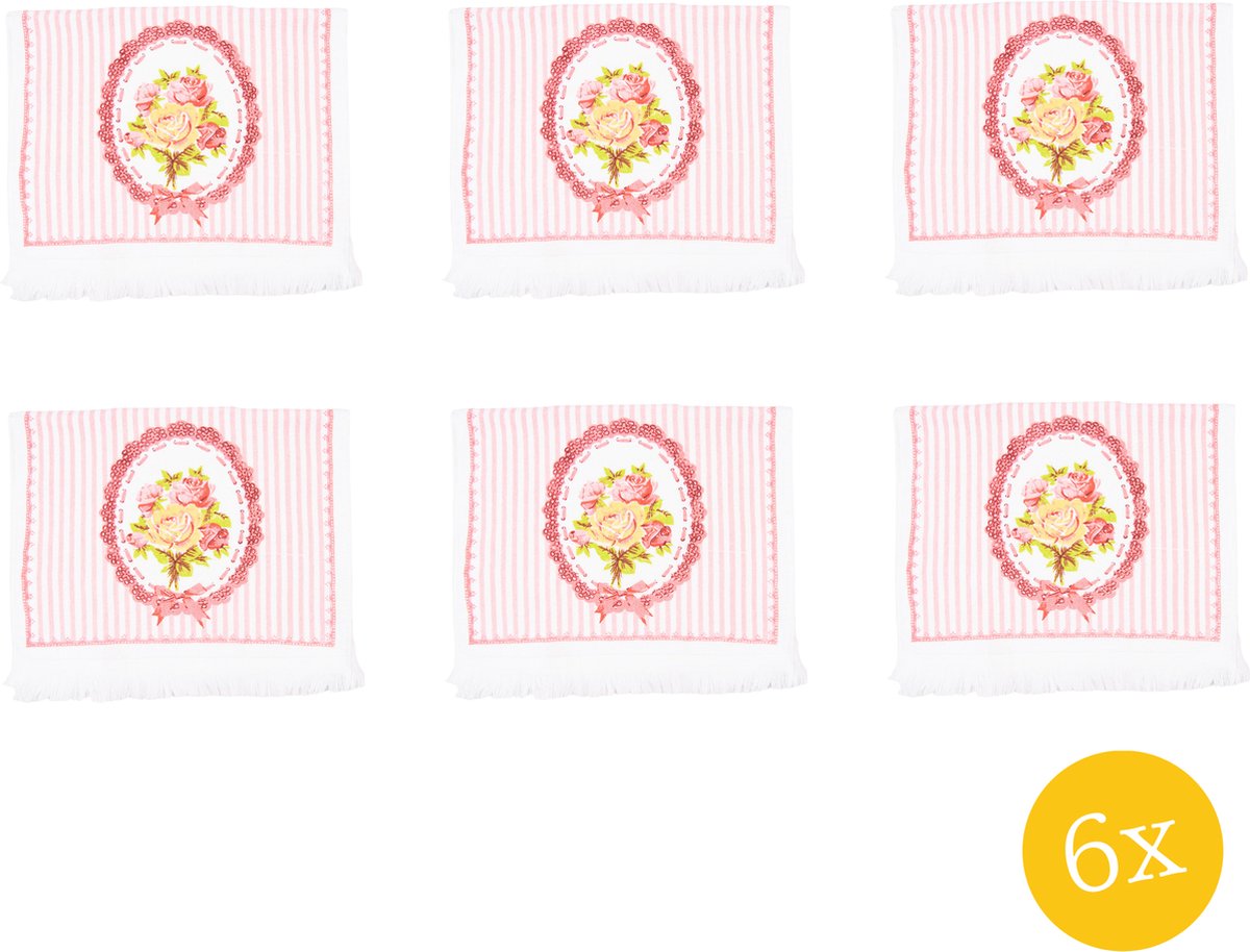 Gastendoekje set van 6 stuks 40x66 cm Wit Roze Katoen Rechthoek Rozen Toilet handdoek