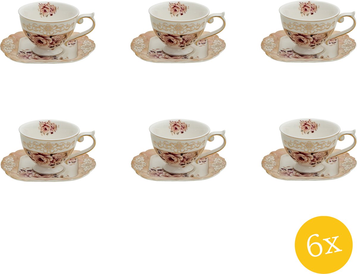 Clayre & Eef Kop en schotel set van 6 stuks schotel 200 ml Roze Beige Porselein Rond Bloemen Servies