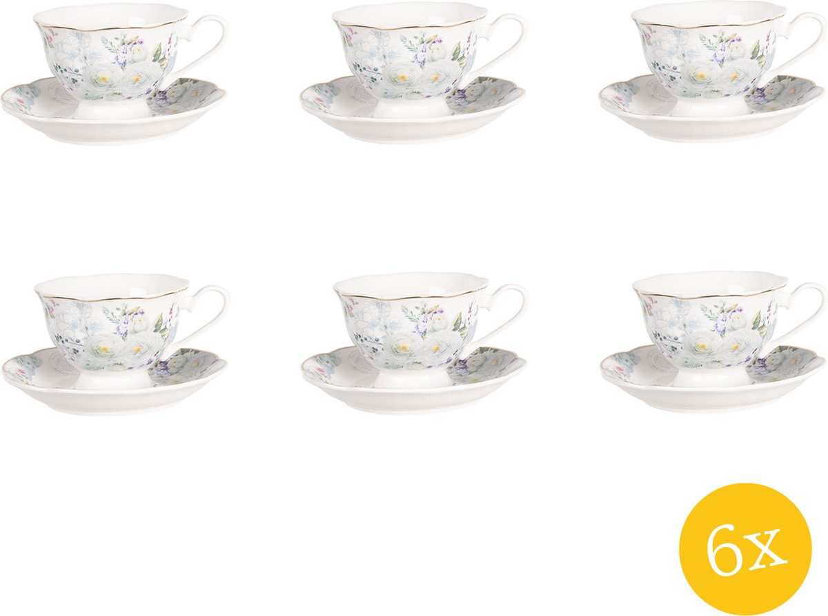 Clayre & Eef Kop en schotel set van 6 stuks schotel 220 ml Wit Blauw Porselein Rond Bloemen Servies